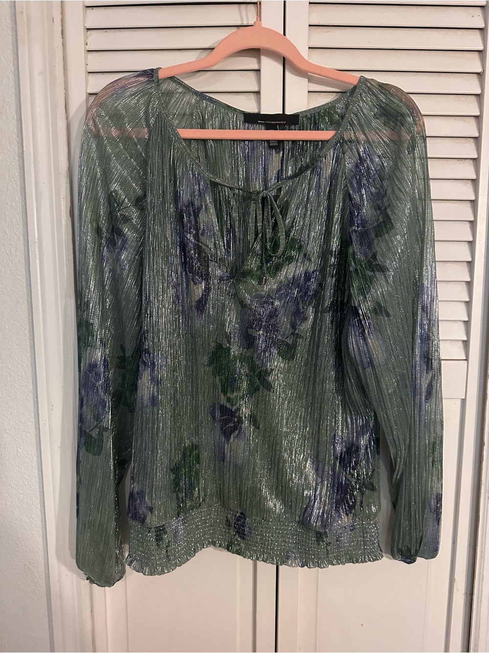 White House Black Market Metallic Sage Green Floral Tie-Neck Blouse